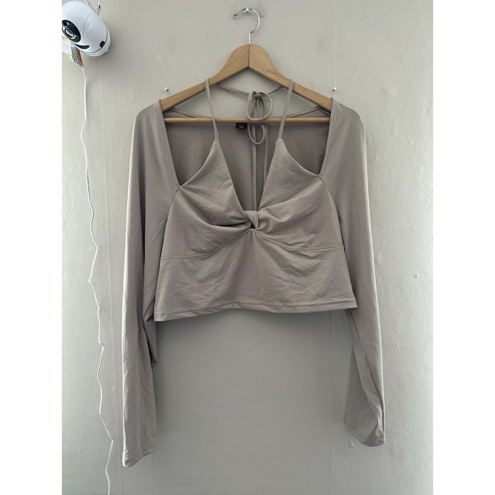 Shein Womens Halter Long Sleeve Top Sz 2x Beige Y2K Cropped Indie Boho Festival